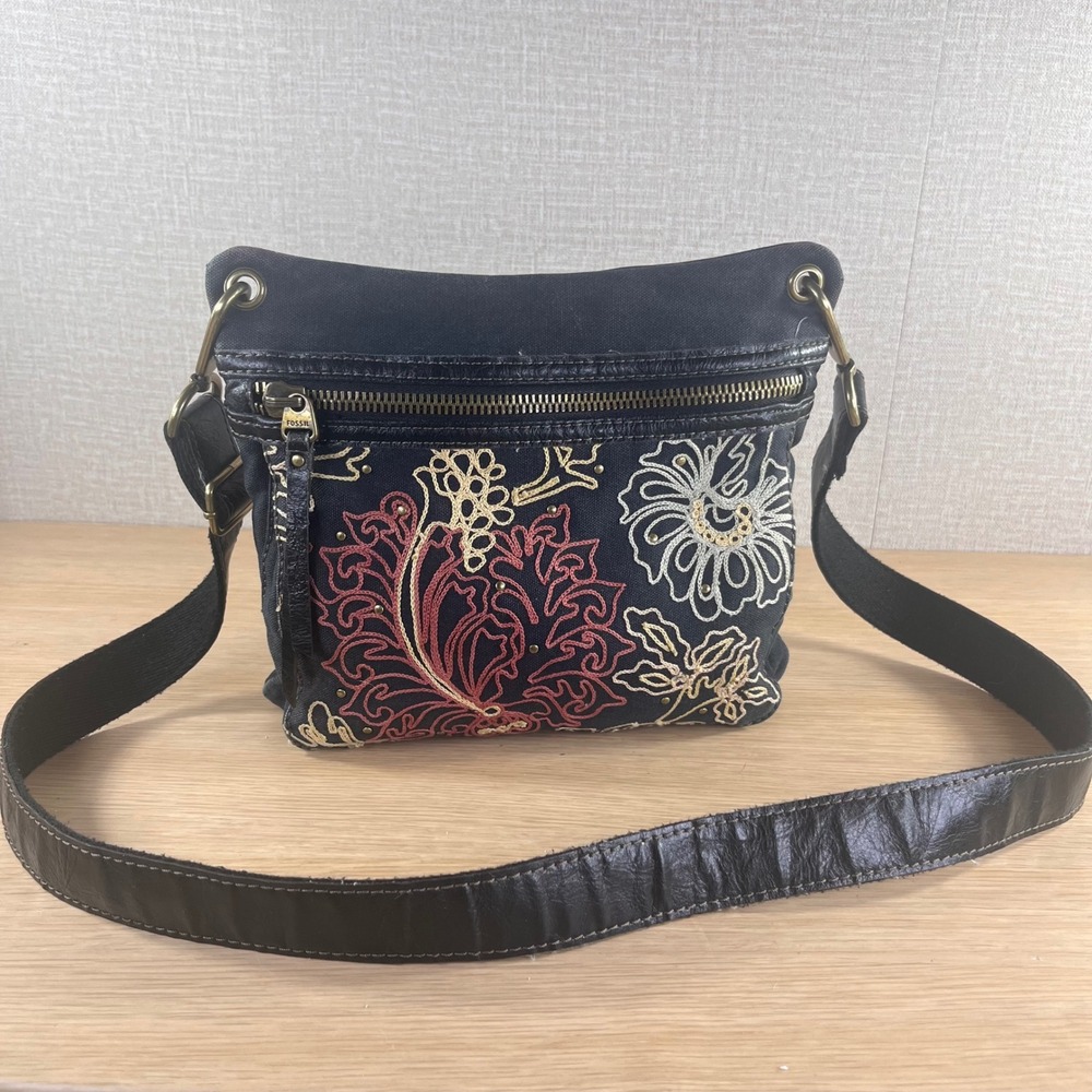 Fossil Long Live Vintage Canvas Floral Embroidered Crossbody Bag Black Boho